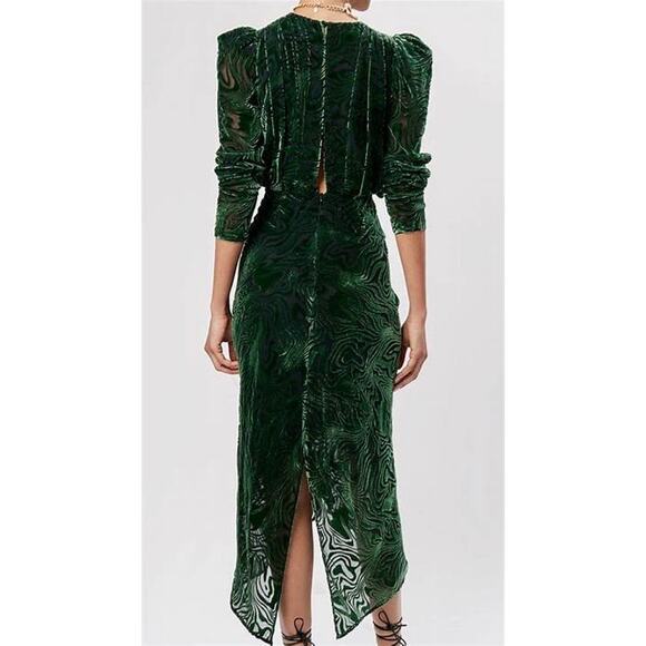 Ronny Kobo Astrid Green Animal Print Velvet Ruched Long Sleeve Midi Dress XS - Picture 3 of 14